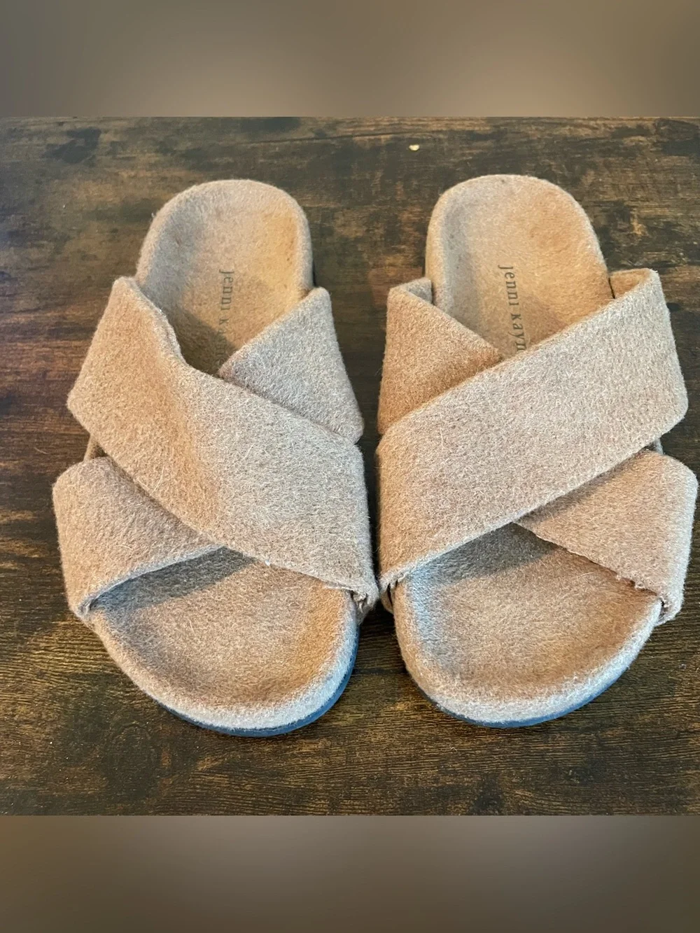 Jenni Kayne Crossover Slide Sandals Taupe Brown Felt Minimalist Women’s Size 38